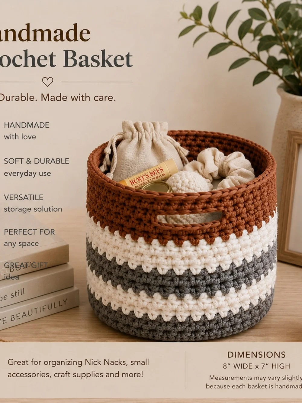 Handmade Crochet Storage Basket - Rust, Cream & Gray